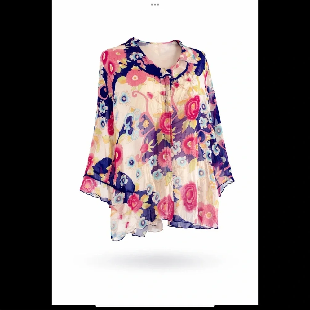 Agora Floral Beaded Ruffle Boho Blouse Snap Front Size 2X - Picture 2 of 16